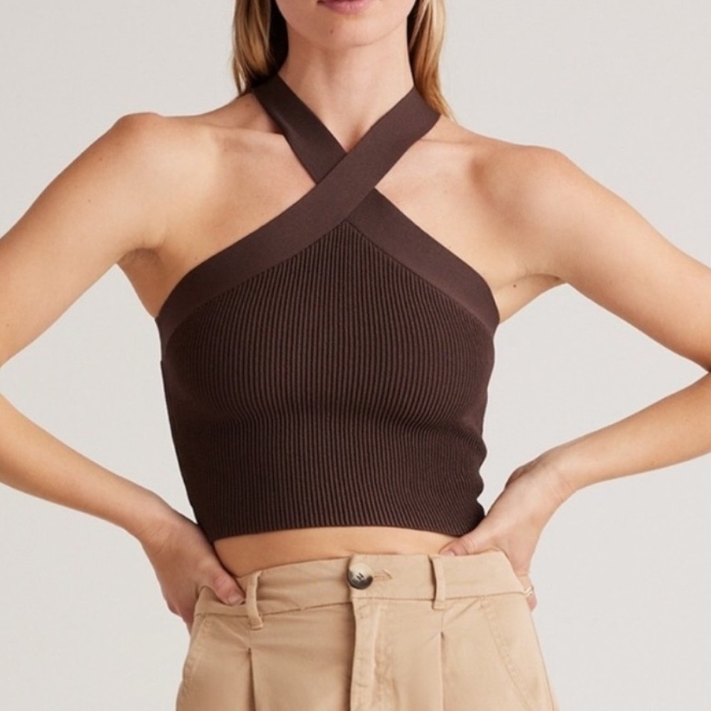 Quince Cropped Halter Ribbed Knit Tank Dark Brown Stretch Thick Strap 2024-XS